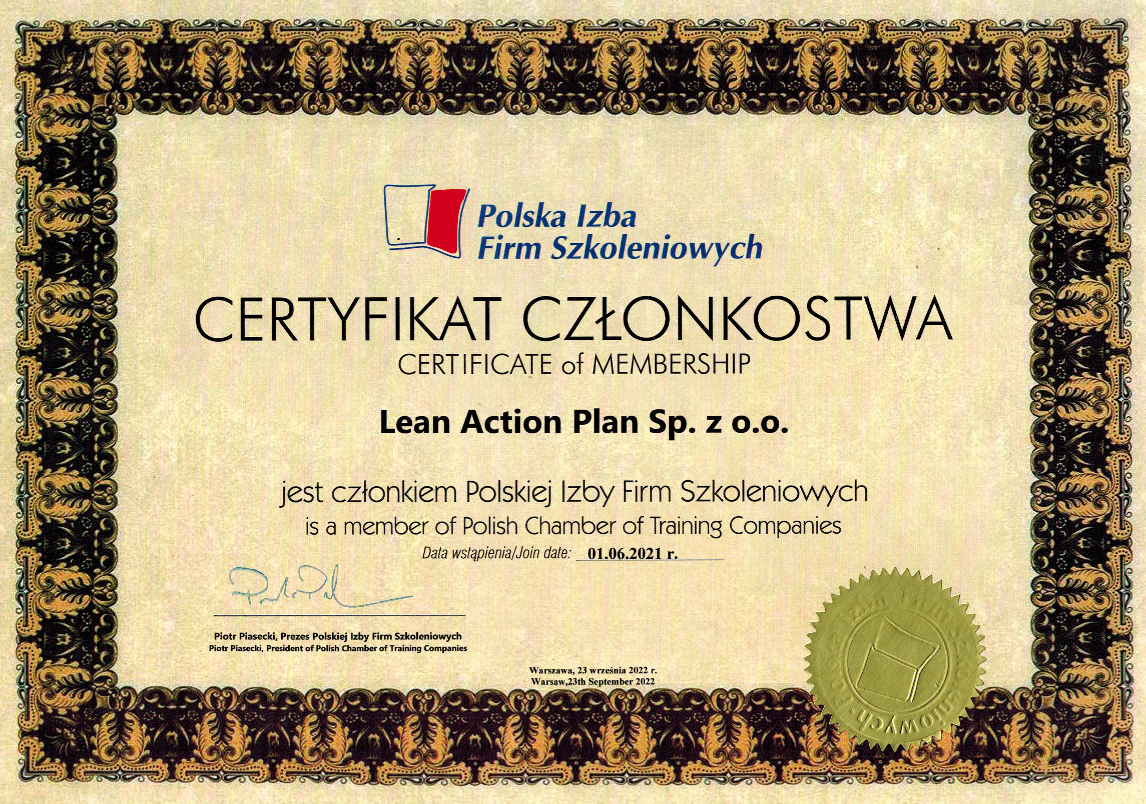 Certyfikat Lean Action Plan Polska Izba Firm Szkoleniowych