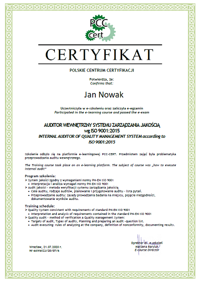 Certyfikat ze szkolenia ISO 9001:2015 - LeanActionPlan